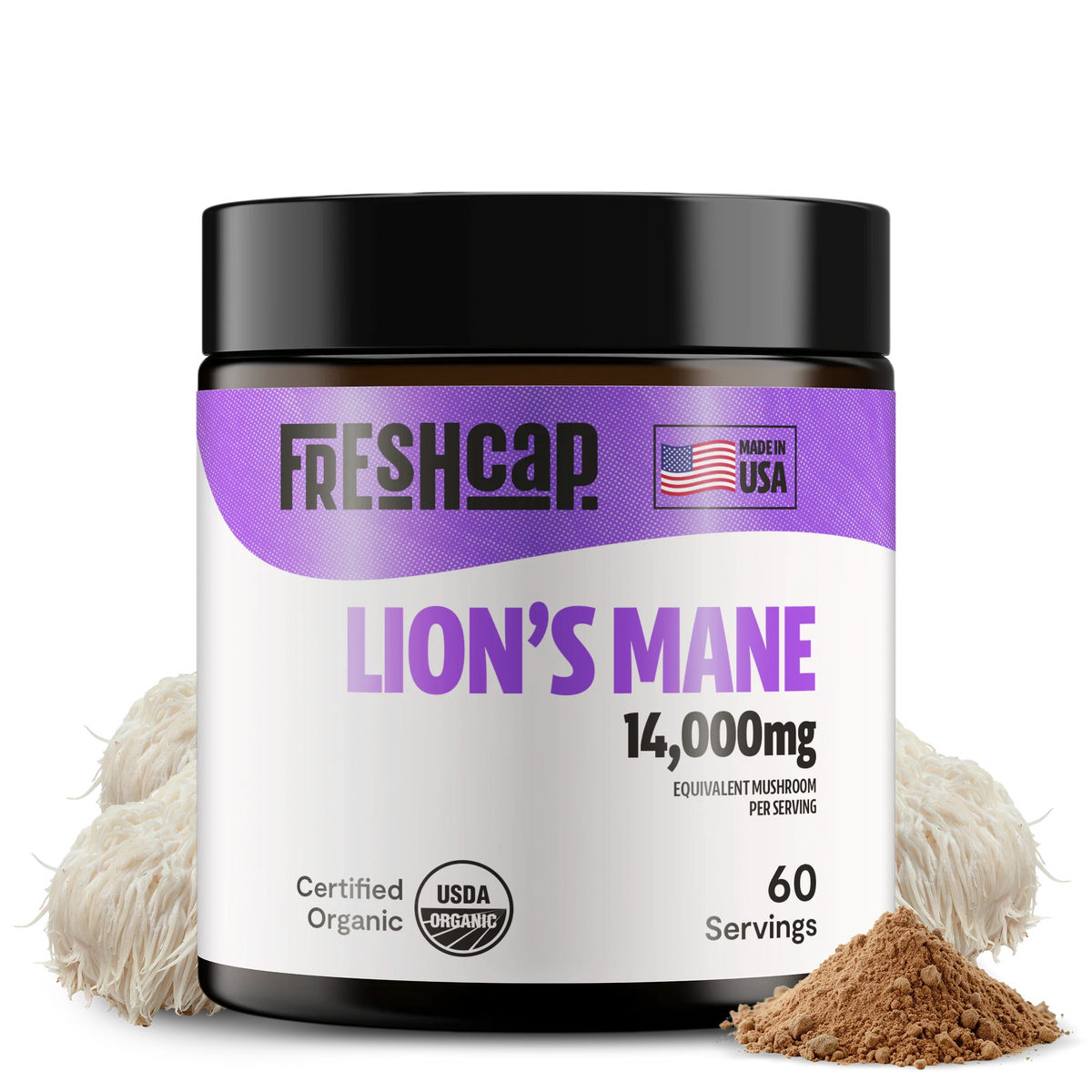 Freshcap Lion's Mane supplement container with visible ingredients on a white background