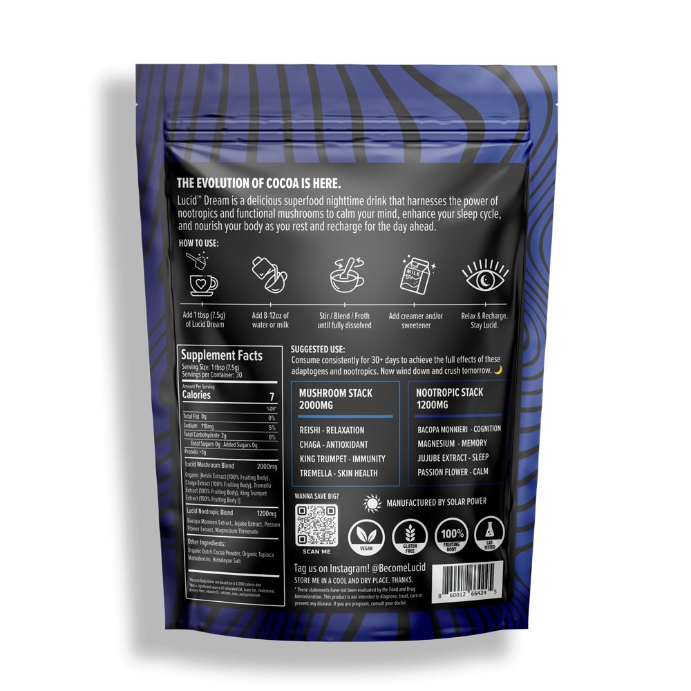 Back of a stand-up pouch package for Lucï Dream cocoa powder, featuring a black label with white text, icons, and supplement facts, set against a dark blue background with purple abstract wave lines.