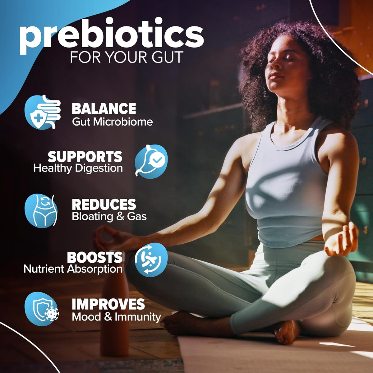 Woman meditating with prebiotics benefits listed on a dark background