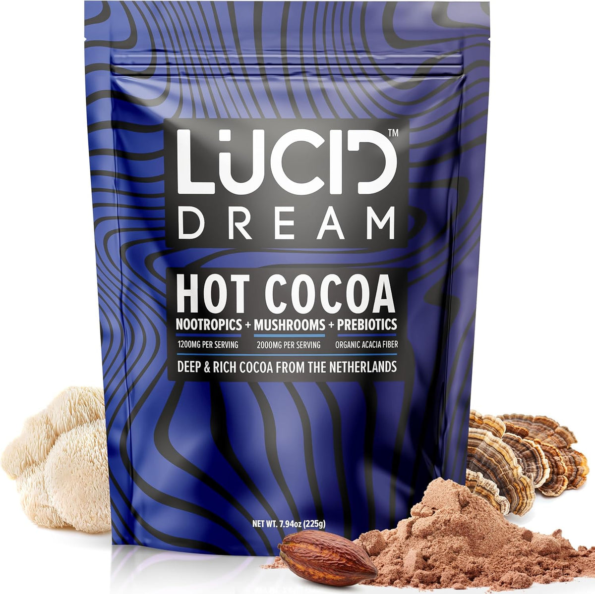 Lucid Dream hot cocoa package with ingredients on a white background