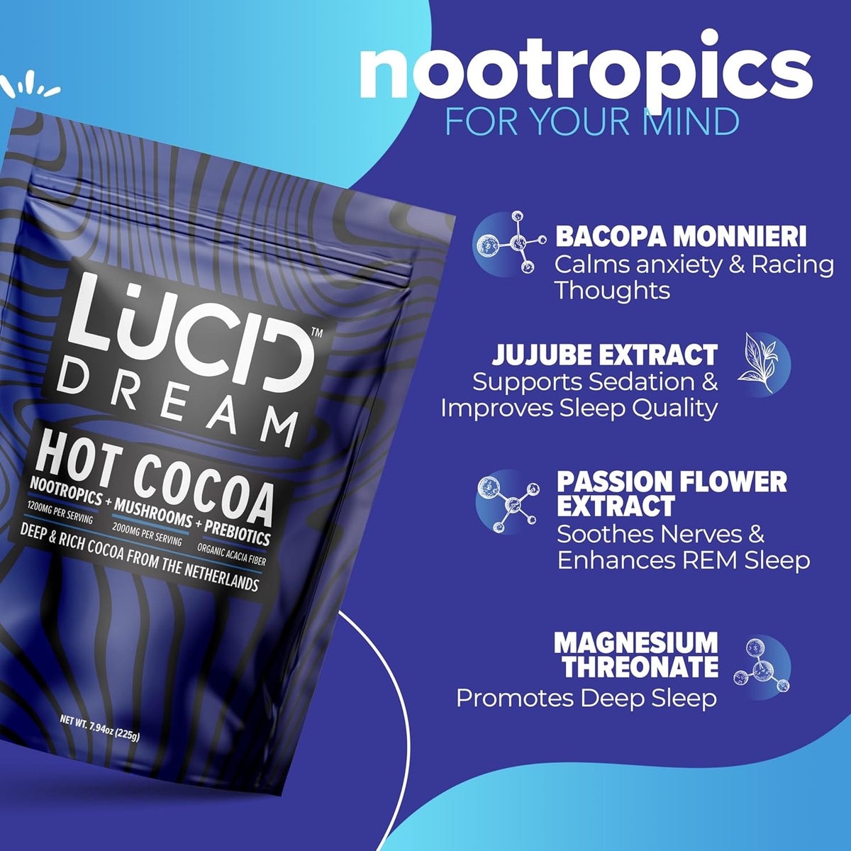 Lucid Dream Hot Cocoa nootropic package with ingredients listed on a blue background