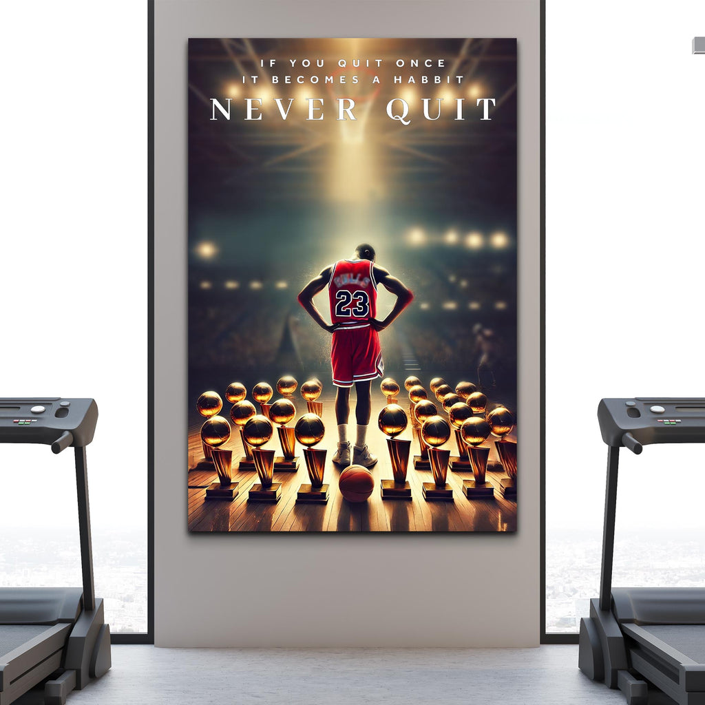 Motivational poster with basketball player and 'Never Quit' quote in a gym setting