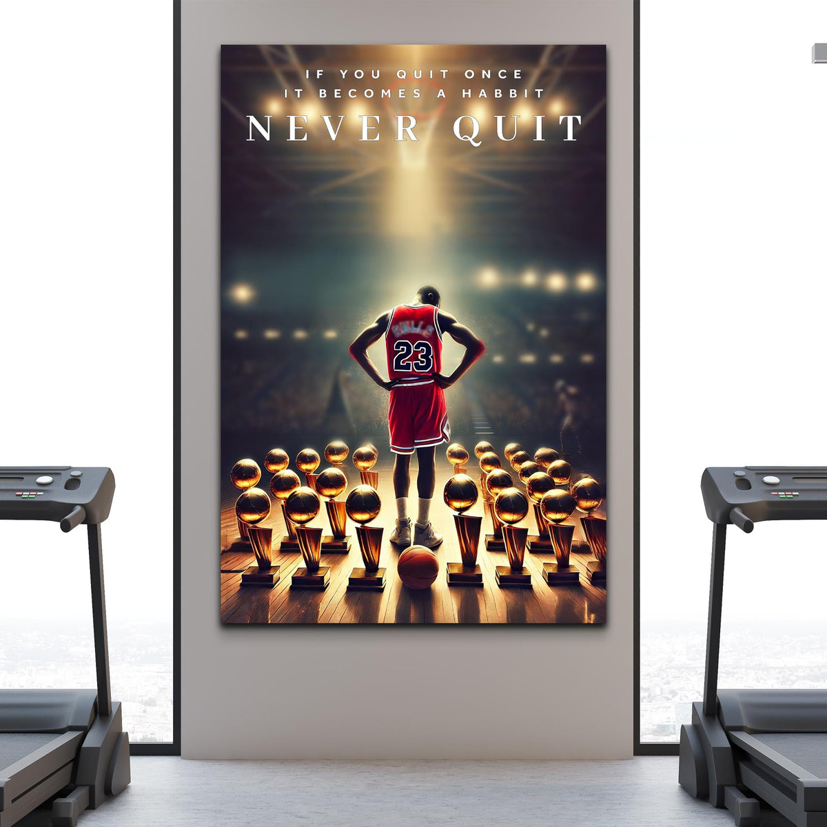 Motivational poster with basketball player and 'Never Quit' quote in a gym setting