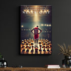 Canvas print with a basketball player and 'Never Quit' quote on a dark wall.