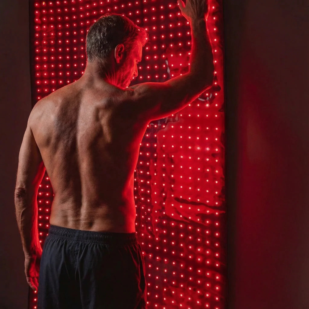 Man with a muscular back standing in front of a red LED wall.