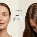Woman with a hair device between her face and hair, with text indicating device's dual functions.