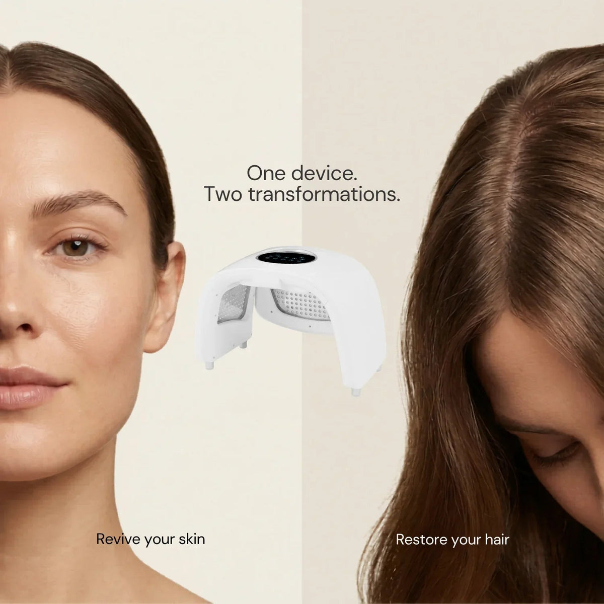 Woman with a hair device between her face and hair, with text indicating device's dual functions.