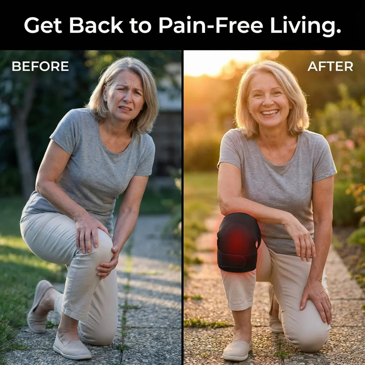 Before and after comparison of a woman with knee pain using a knee brace.