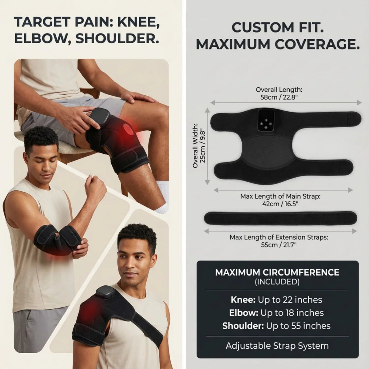 Knee, elbow, and shoulder support with measurement details on a gray background