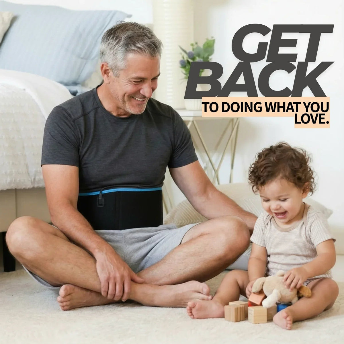 Man and child sitting on a couch with text 'Get Back To Doing What You Love' in the background.