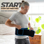 Man using a waist support belt with text promoting daily pain-free mornings.