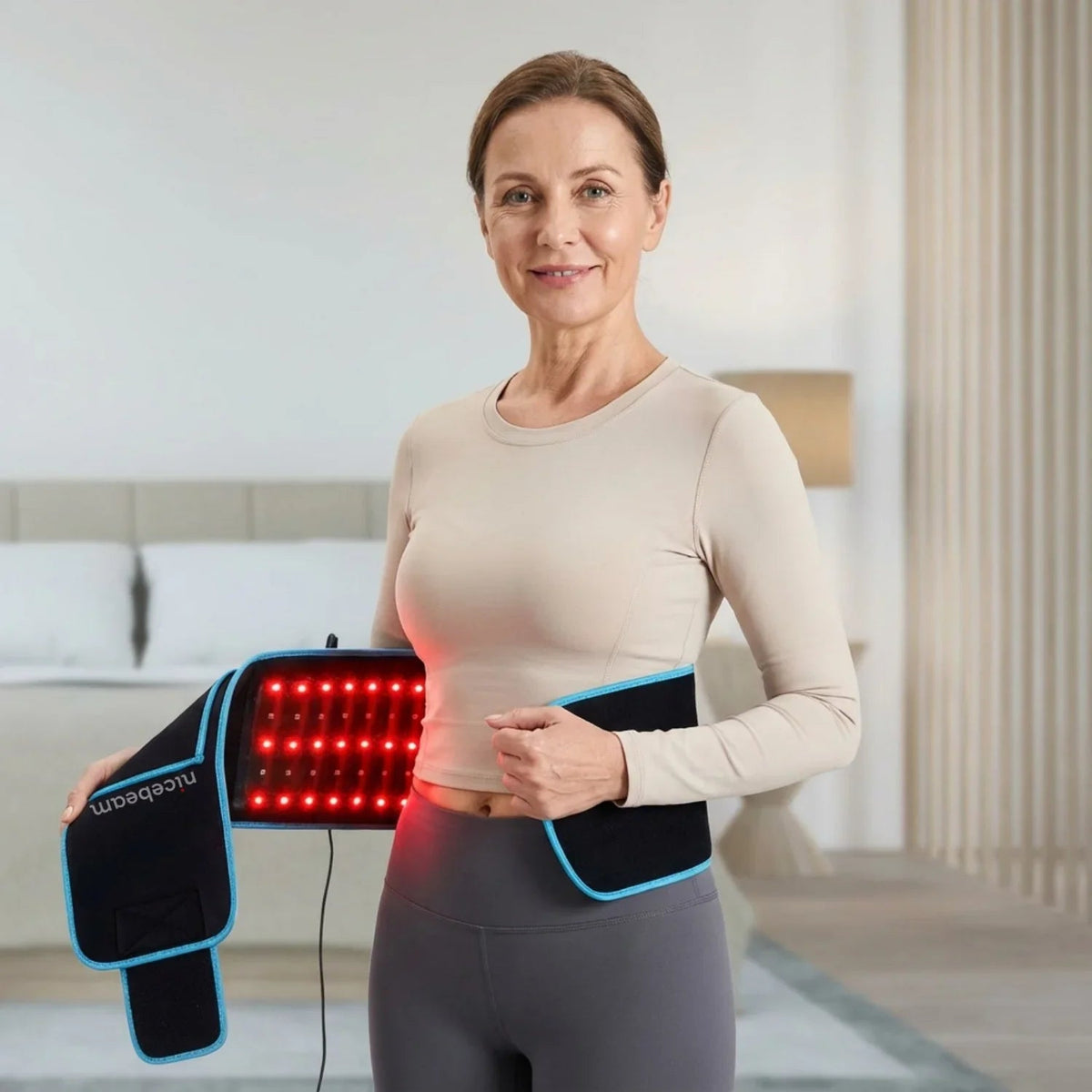Woman using a red light therapy device in a home setting