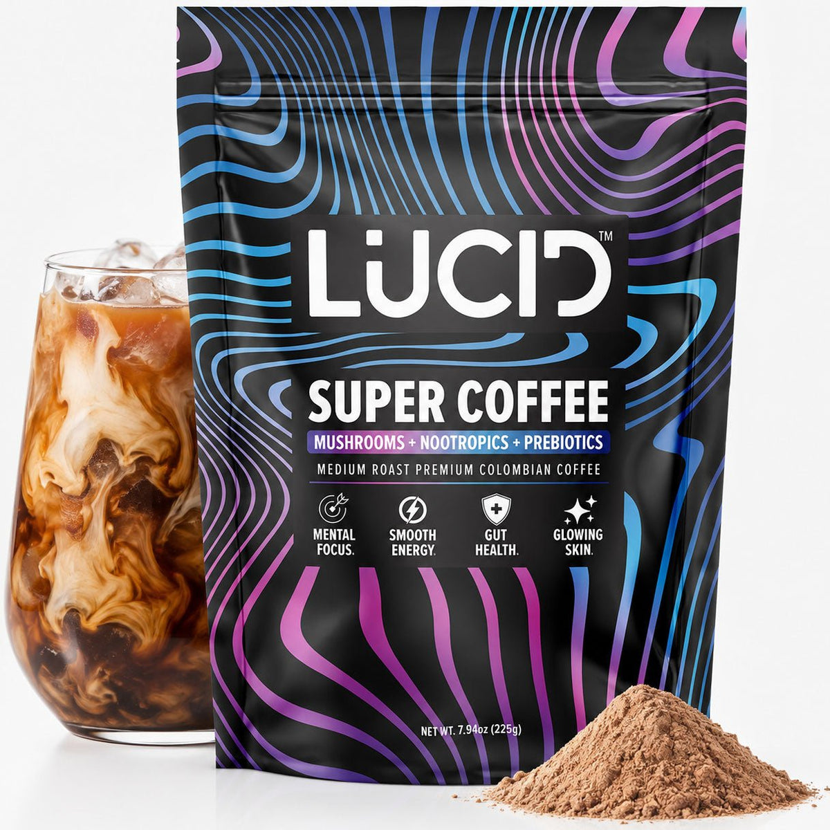 A stand-up pouch of Lucid Super Coffee with mushrooms, nootropics, and prebiotics, shown in front of an iced coffee drink and a small pile of coffee powder on a white background.