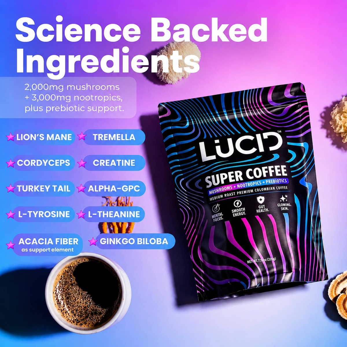 Lucid Super Coffee pouch on a purple-to-blue gradient background with marketing text and ingredient callouts. The pouch is black with neon pink, blue, and purple wavy stripes and large white Lucid branding.