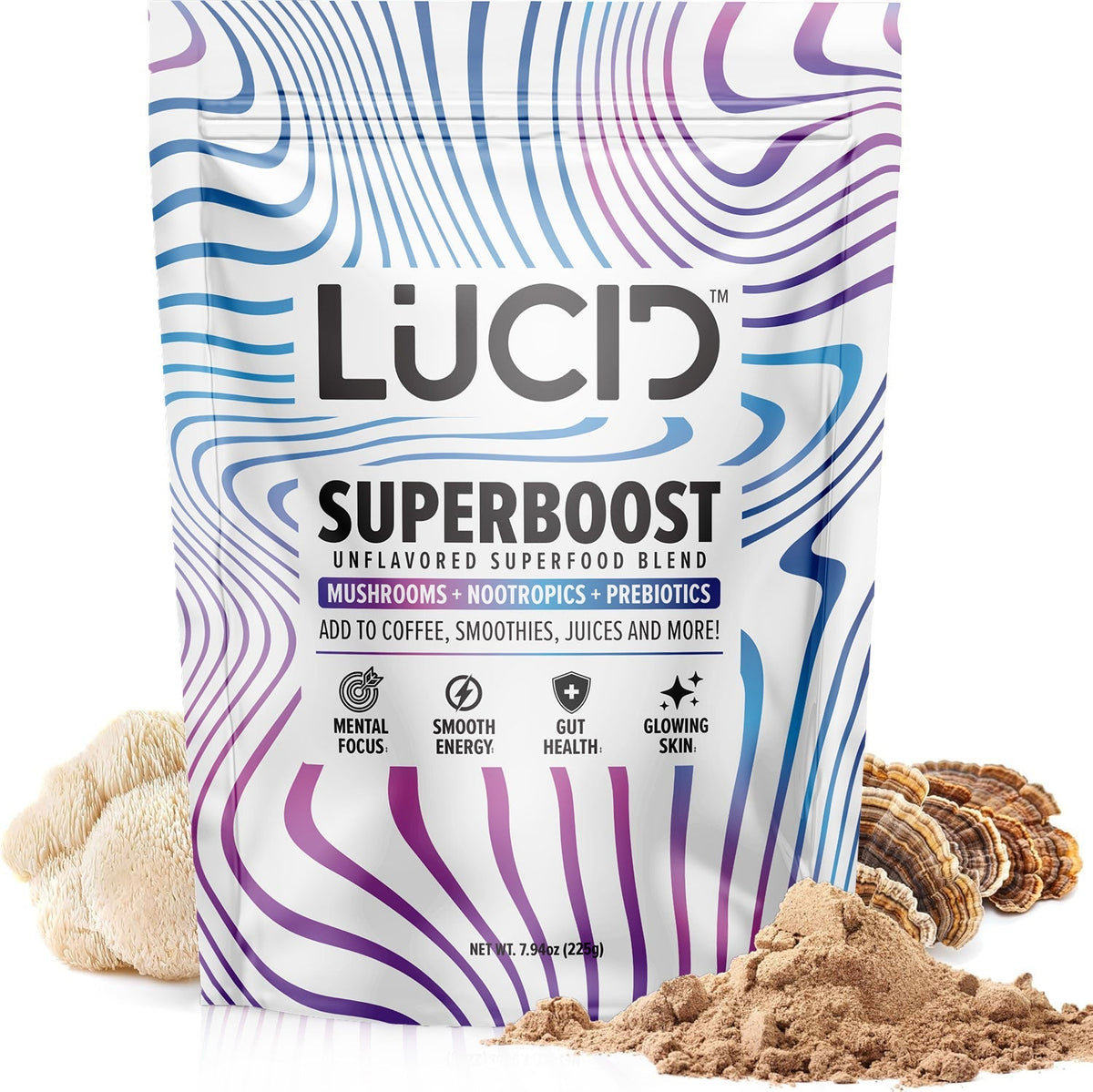 Lucid Superboost superfood blend packaging with ingredients on a white background