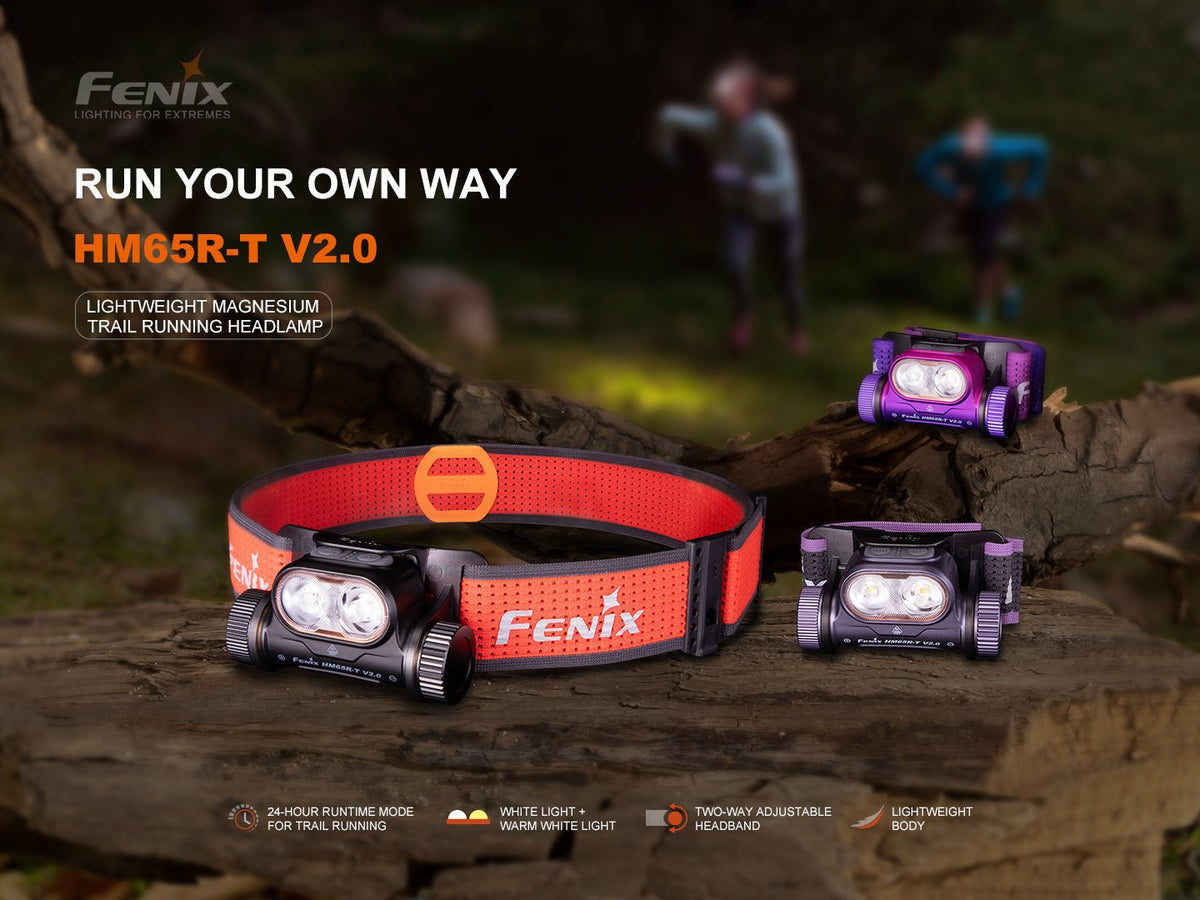 Fenix headlamps on a log with people running in the background, featuring the text 'Run Your Own Way' and product name.