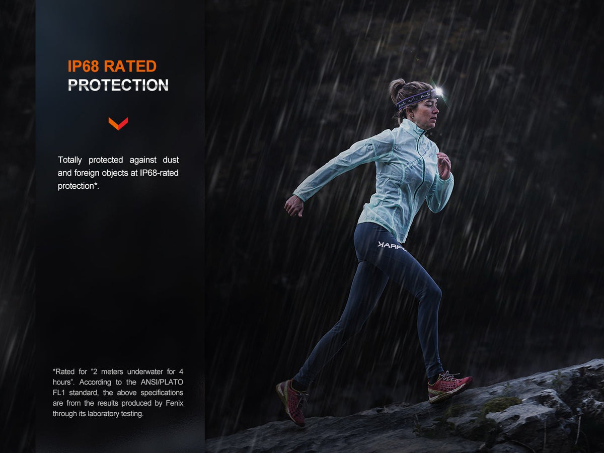 Person running in the rain with waterproof clothing, featuring IP68 rating text.