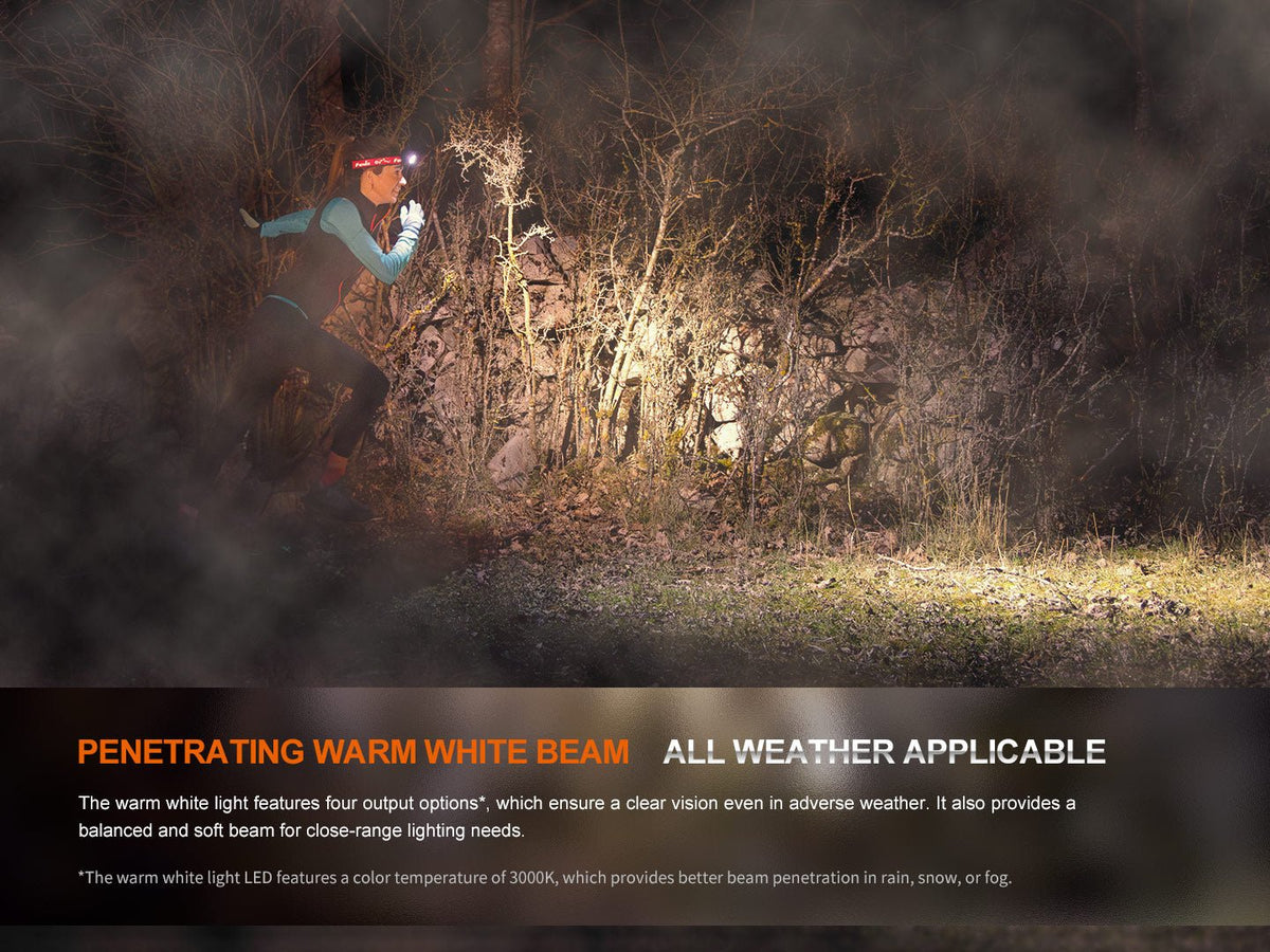 Person with a headlamp navigating a dark forest with text about a warm white light beam.