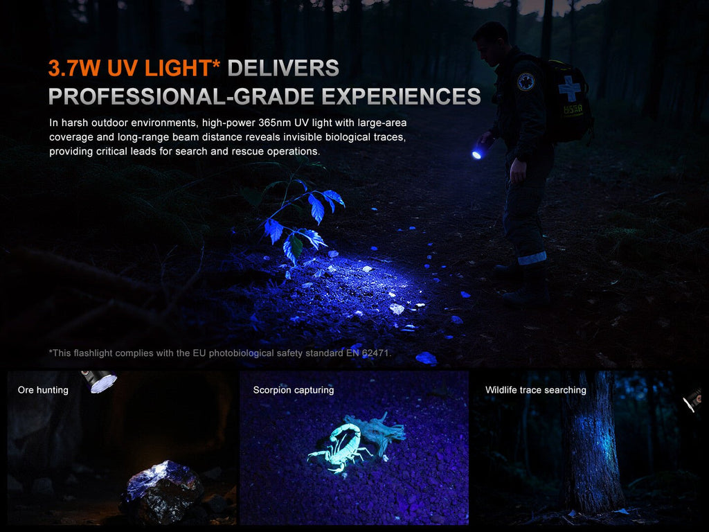Person using a UV light flashlight in a dark forest setting with text highlighting its features.
