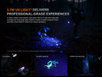 Person using a UV light flashlight in a dark forest setting with text highlighting its features.