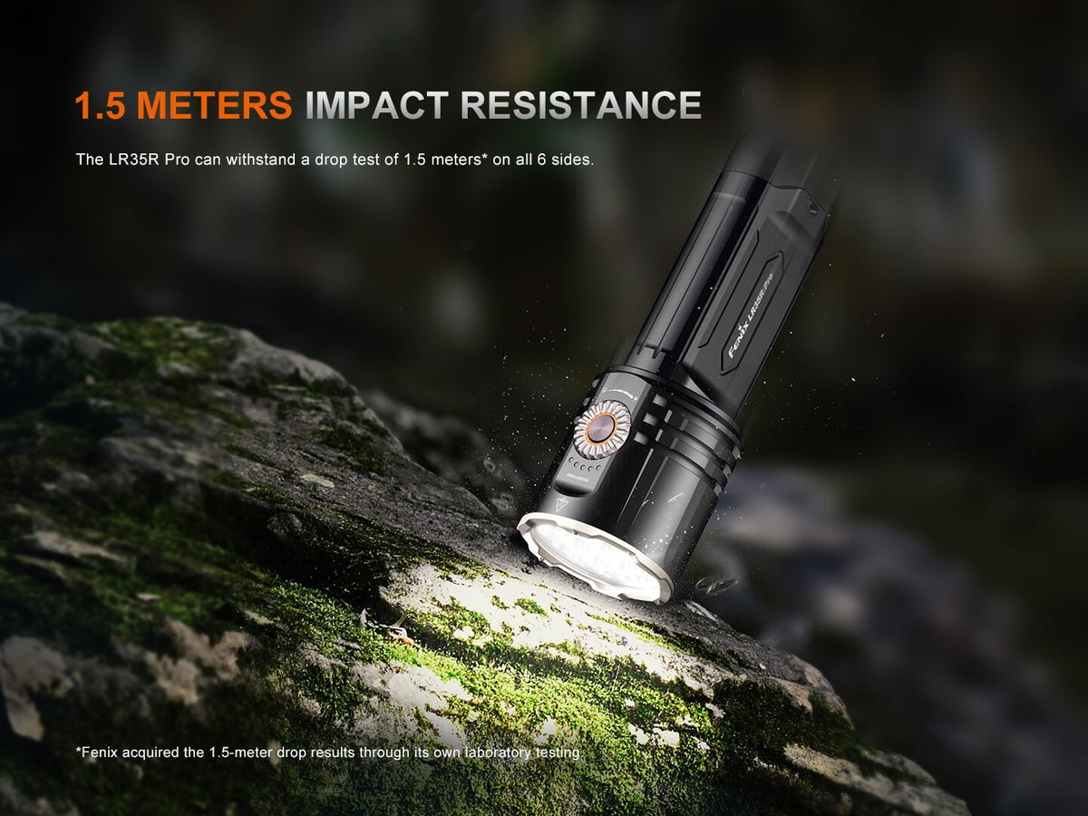 Black flashlight on a rock with text about impact resistance