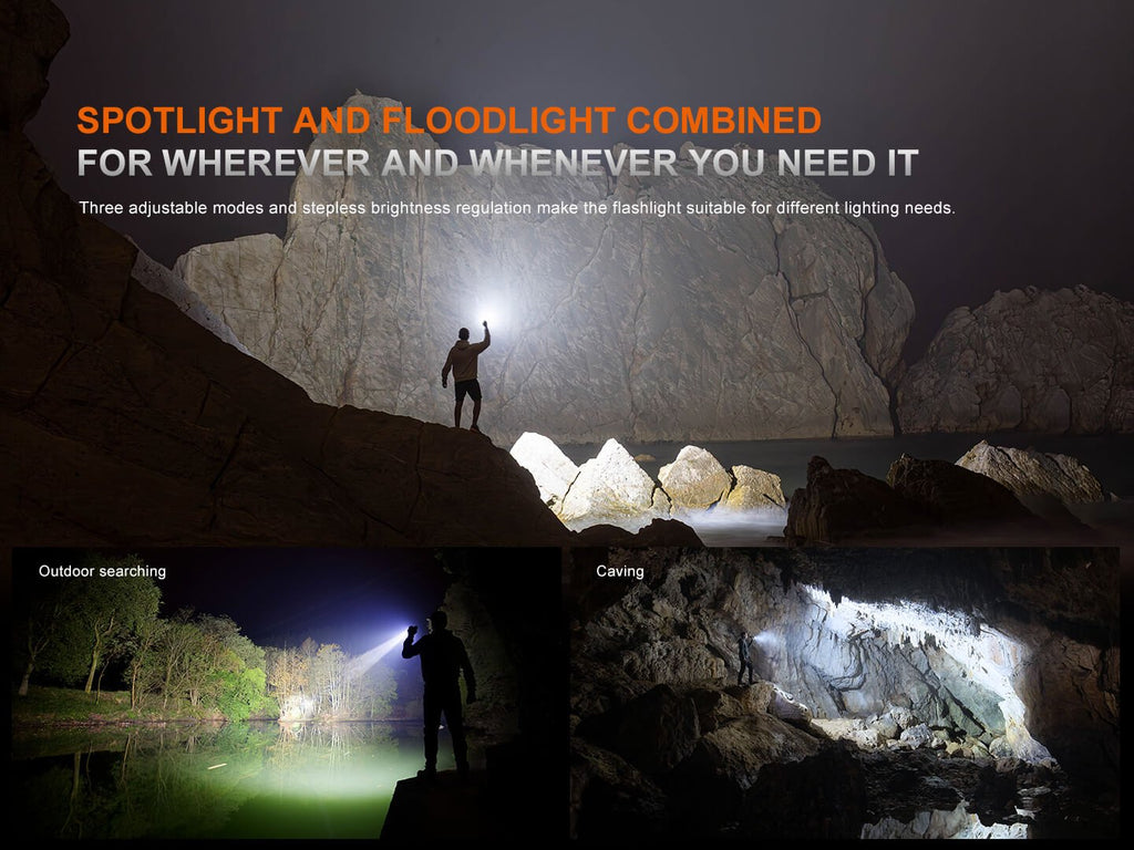 Person exploring a cave with a flashlight, surrounded by rocky landscape.