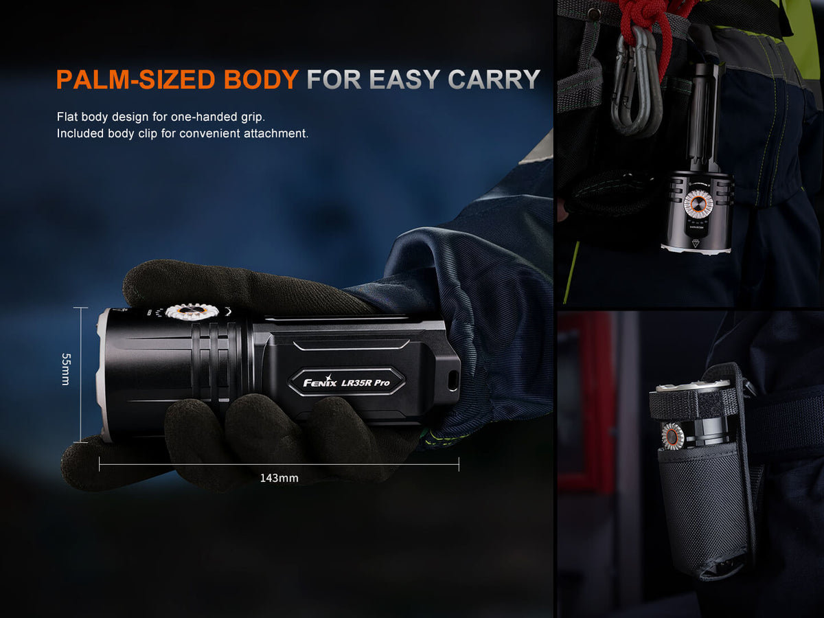 Flashlight held in a hand with text about its palm-sized design, one-handed grip, and body clip attachment.