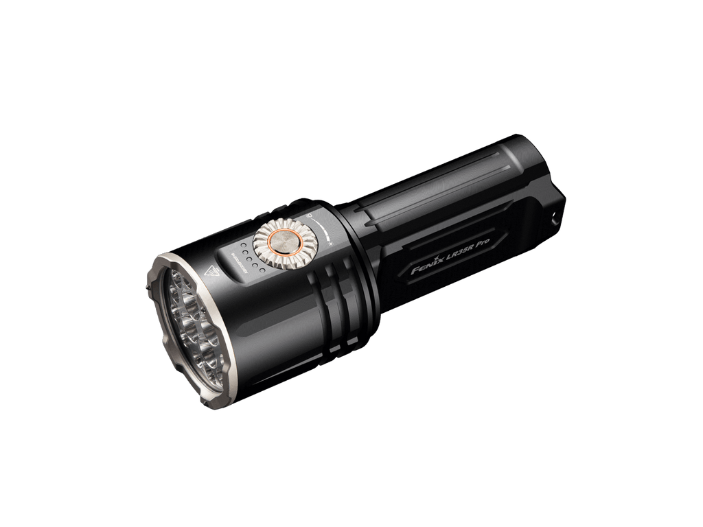 A black tactical flashlight with a silver bezel and a circular orange accent ring, shown on a plain white background.
