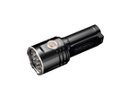 A black tactical flashlight with a silver bezel and a circular orange accent ring, shown on a plain white background.