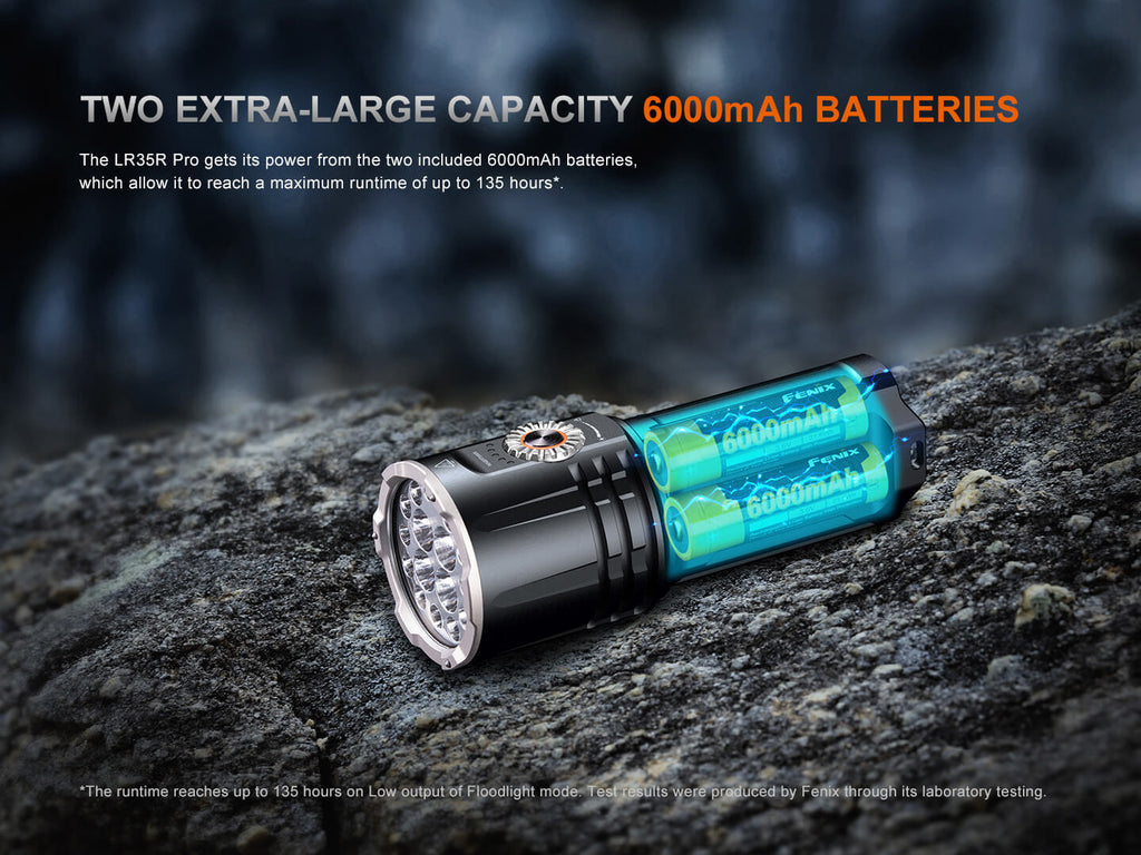 Flashlight with 6000mAh batteries on a rocky surface, highlighting battery capacity.
