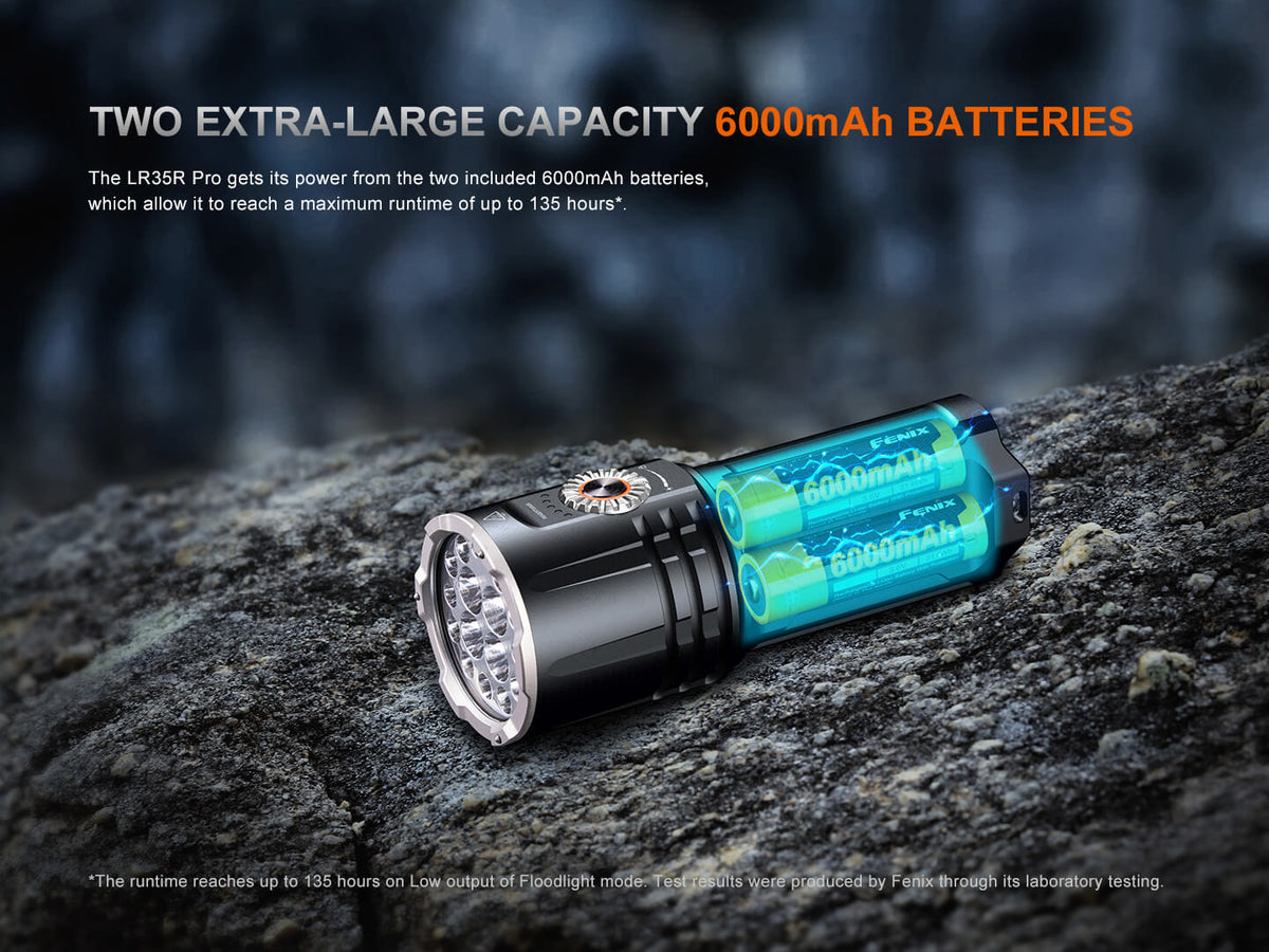 Flashlight with 6000mAh batteries on a rocky surface, highlighting battery capacity.