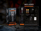 Fenix LR35R Pro flashlight packaging with included items on a dark background