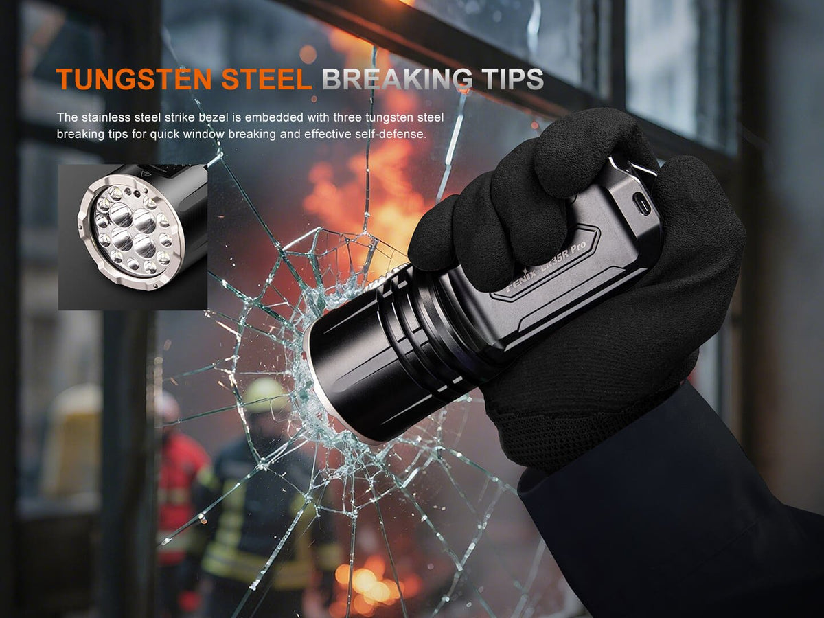 Stun gun with tungsten steel breaking tips being used to break glass, with text overlay.