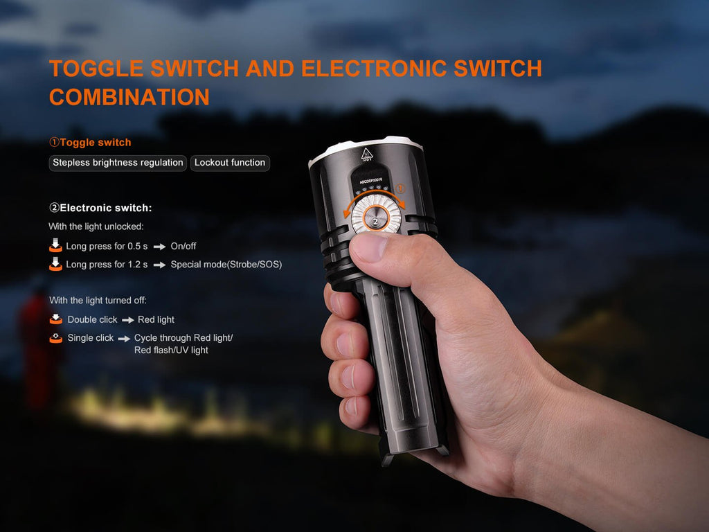 Hand holding a flashlight with toggle switch and electronic switch functions, against a dark background.
