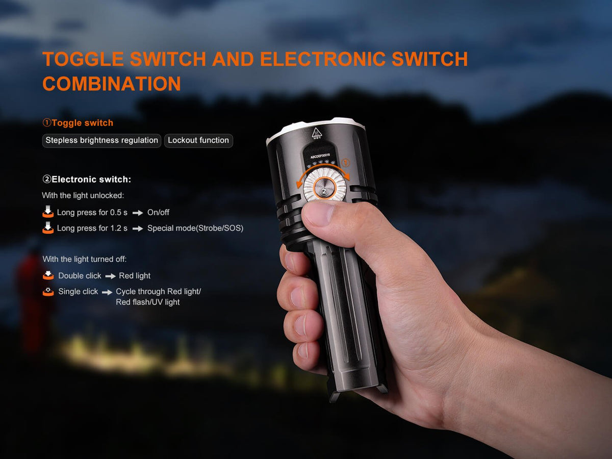 Hand holding a flashlight with toggle switch and electronic switch functions, against a dark background.