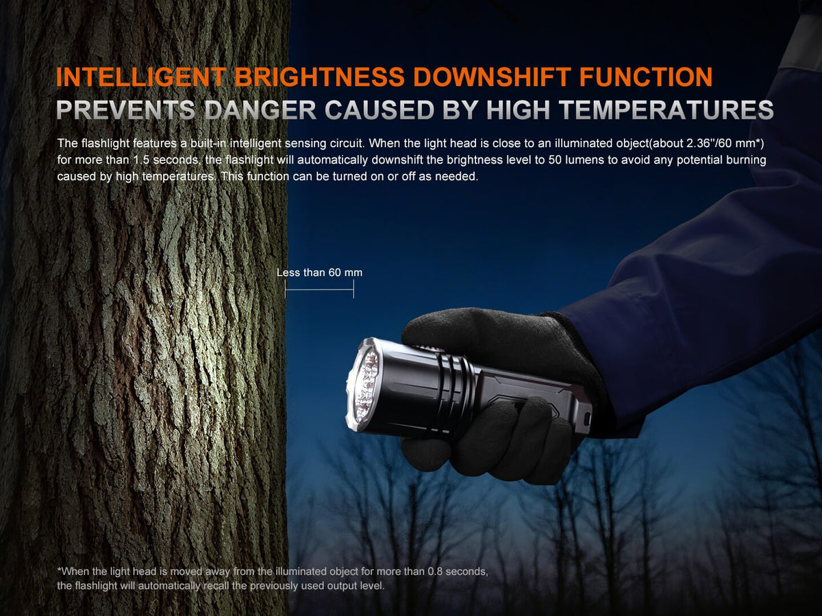 Person holding a flashlight with text about intelligent brightness downshift function