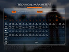 Technical parameters chart for a product on a dark background