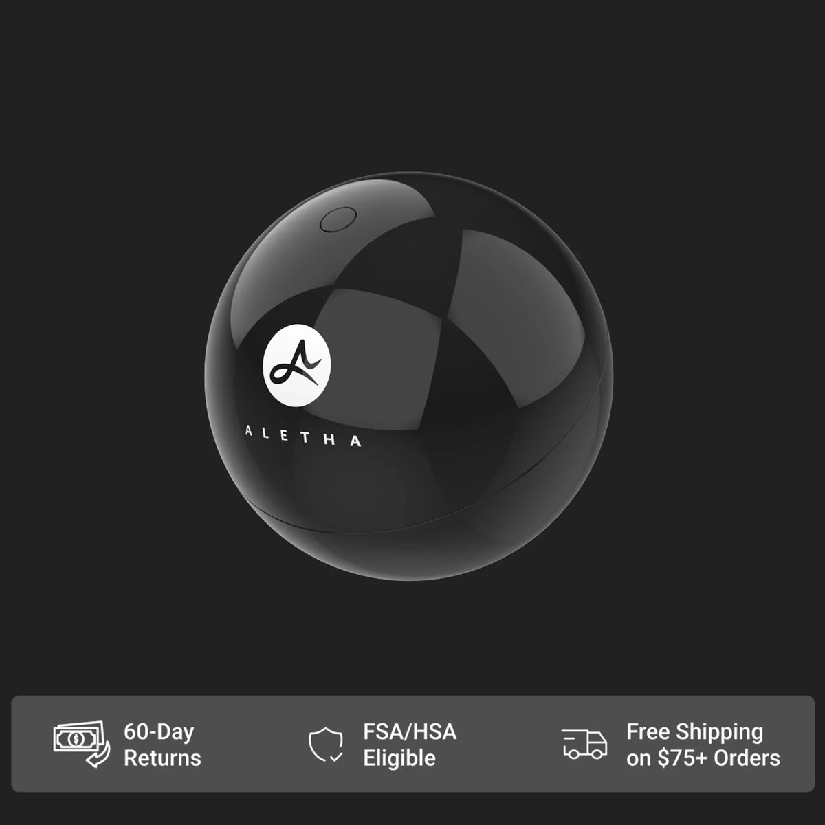 Black spherical device with 'ALETHA' logo on a black background