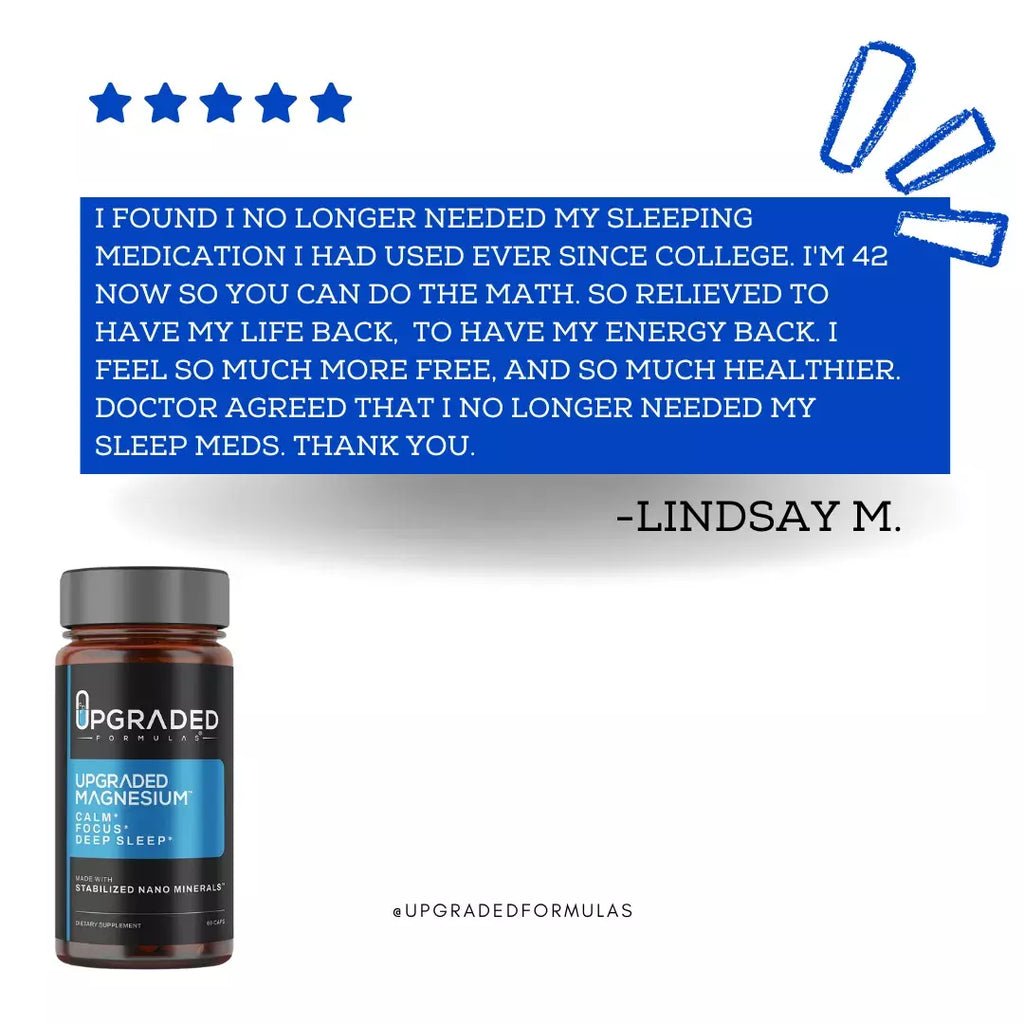 Upgraded Magnesium supplement bottle with customer testimonial on a white background