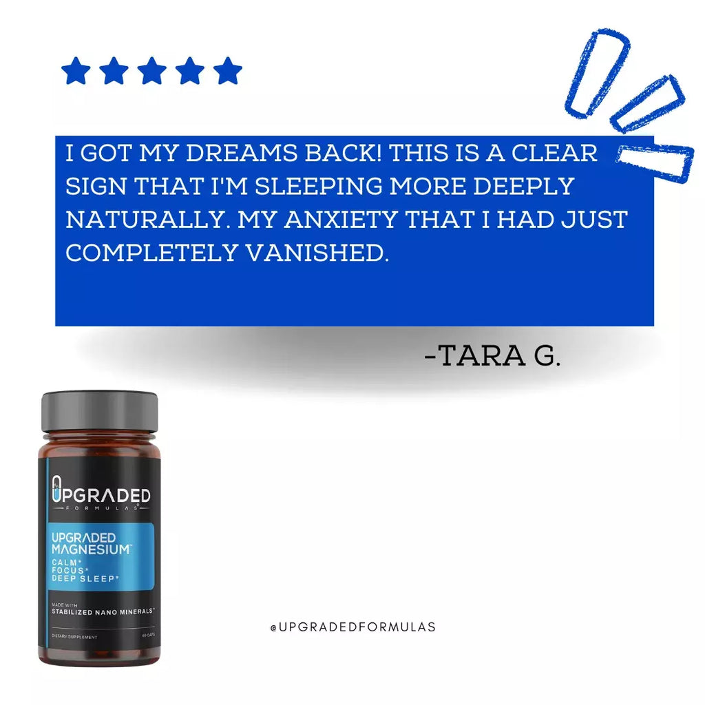 Upgraded Magnesium supplement bottle with customer testimonial on a white background
