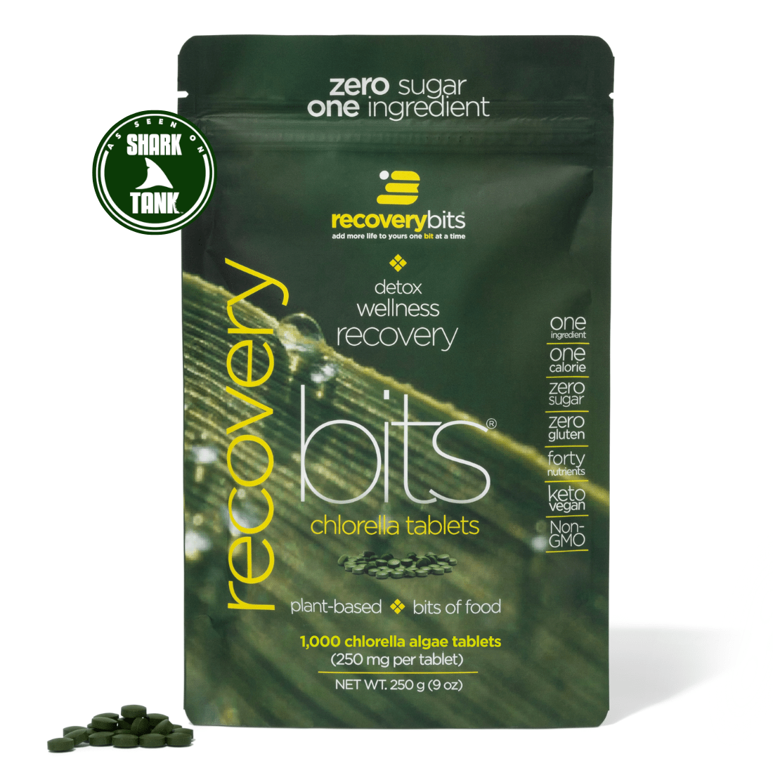 Packaging of recovery bits chlorophyll tablets with green background