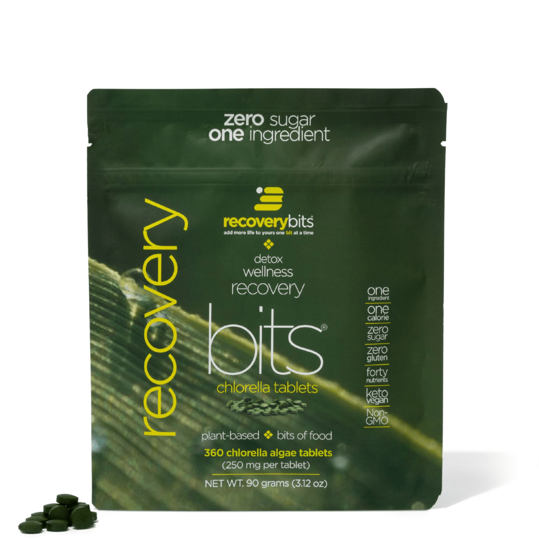 Packaging of recovery bits chlorophyll tablets with green background