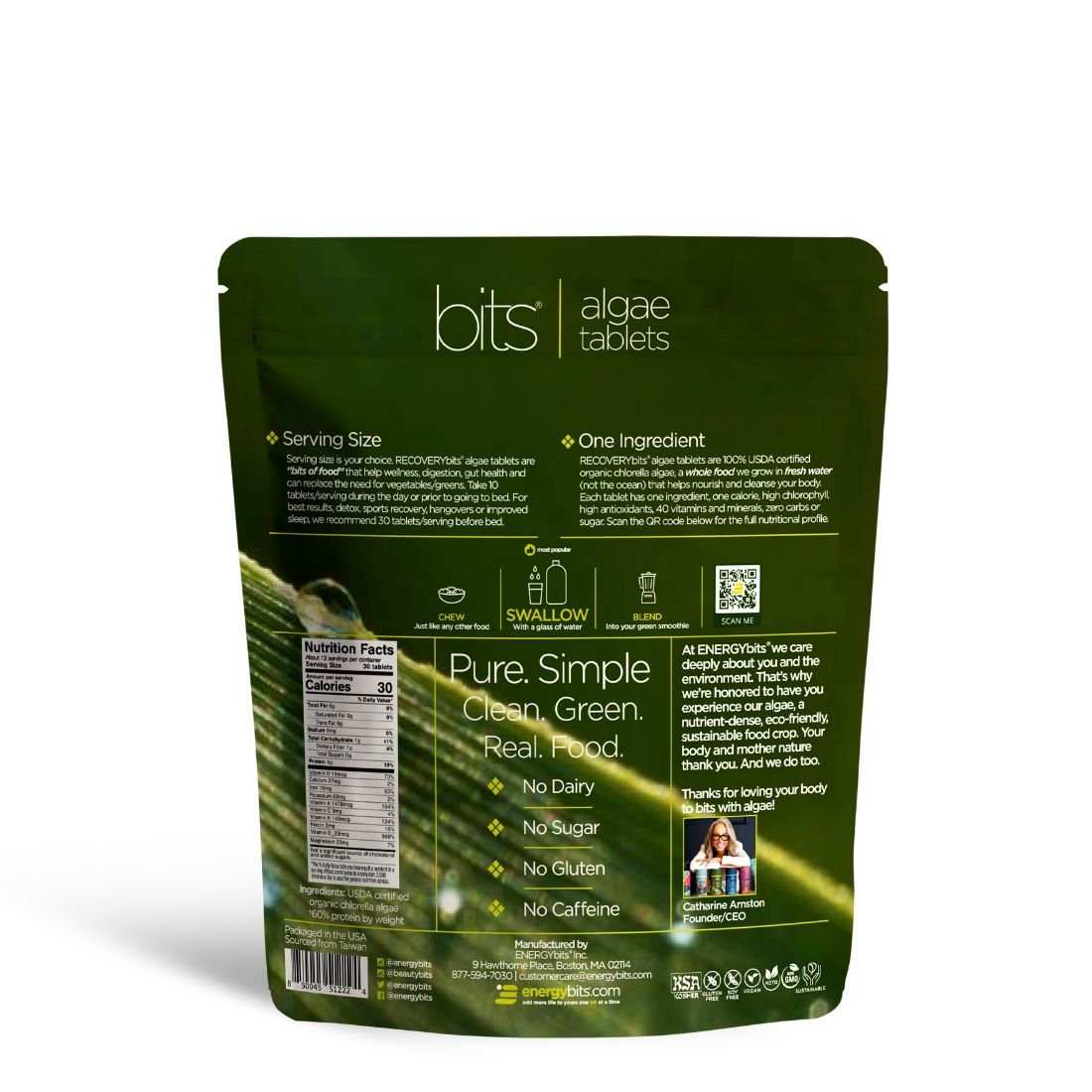 Green package of bits algae tablets with text and branding on a white background