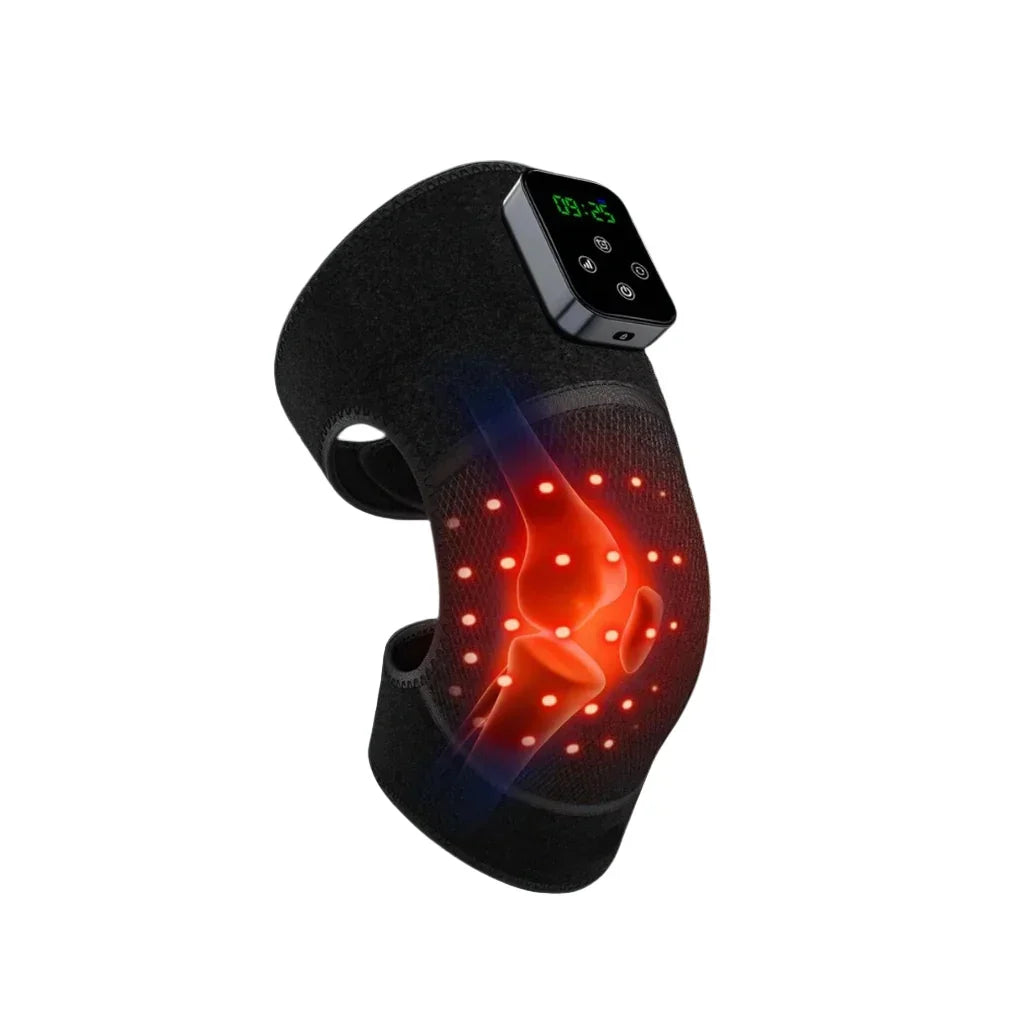 Black knee brace with digital display and red light therapy on a white background