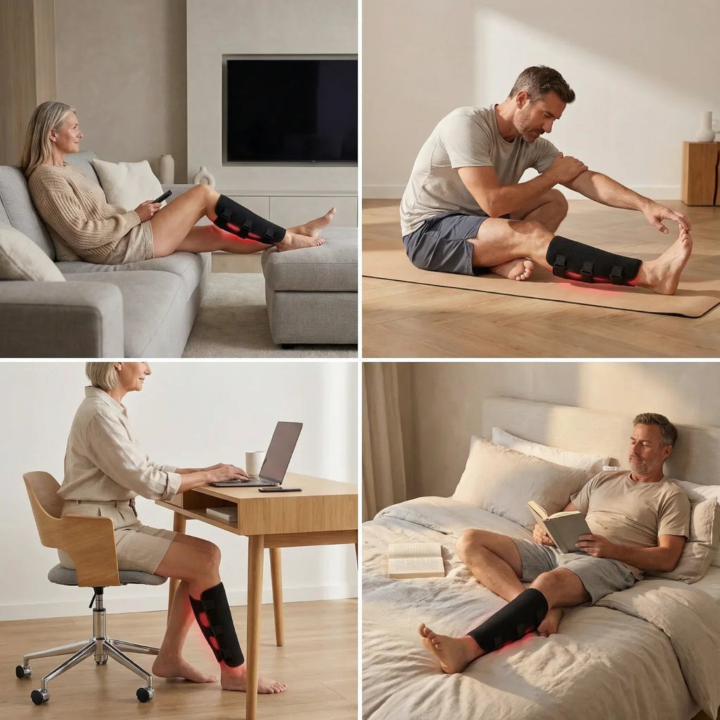 Collage of a person using a cast on their leg in various settings.