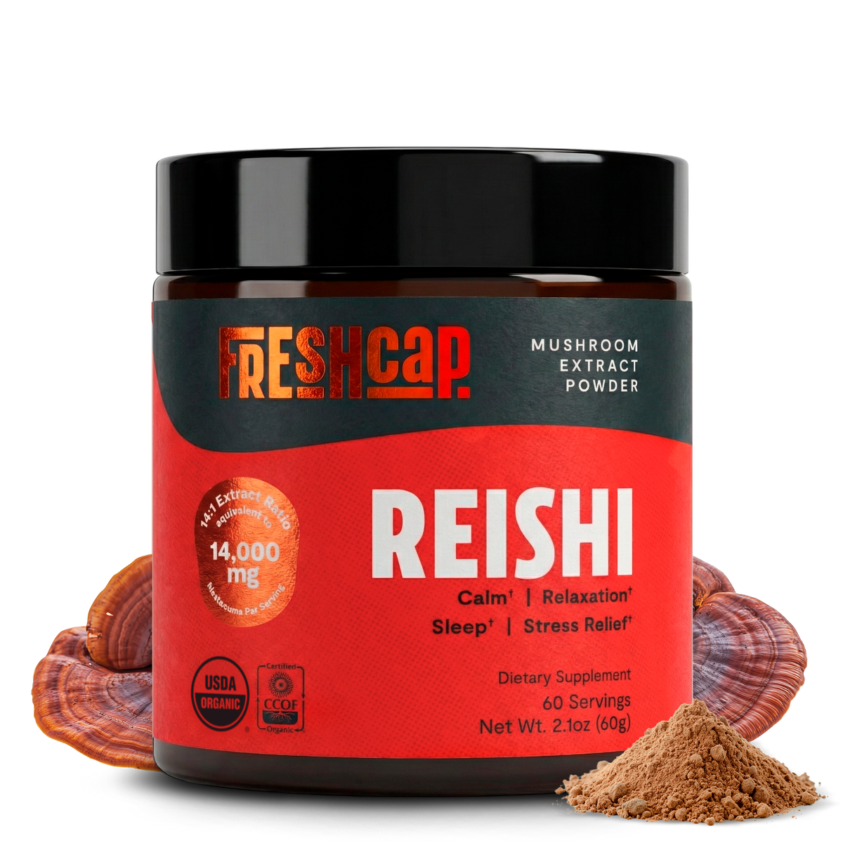 Jar of Freshcap Reishi mushroom extract powder with red label on a white background
