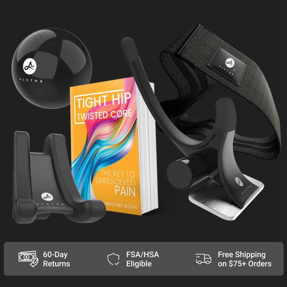 Black fitness device with a book titled 'Tight Hip Twisted Core' on a dark background