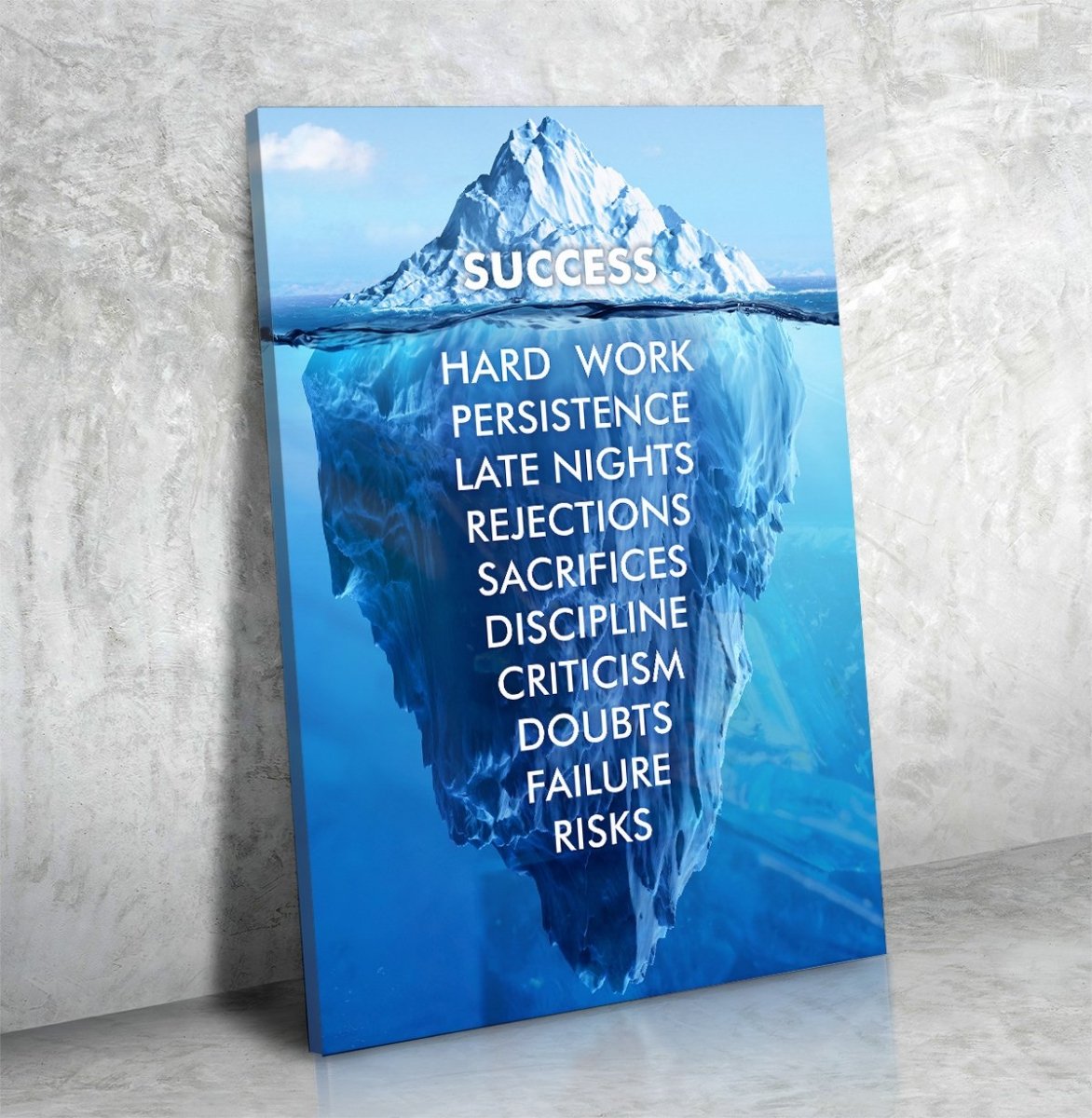 Canvas print with an iceberg design and motivational text on a wall.