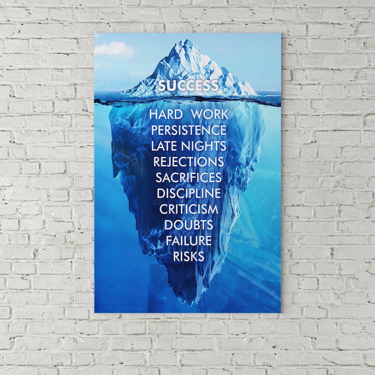 Motivational poster with iceberg graphic and success attributes text on a brick wall background