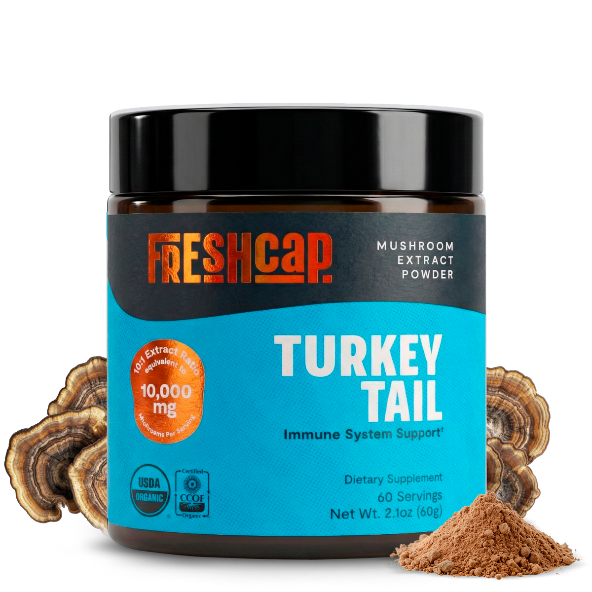 Jar of Freshcap Turkey Tail mushroom extract powder on a white background